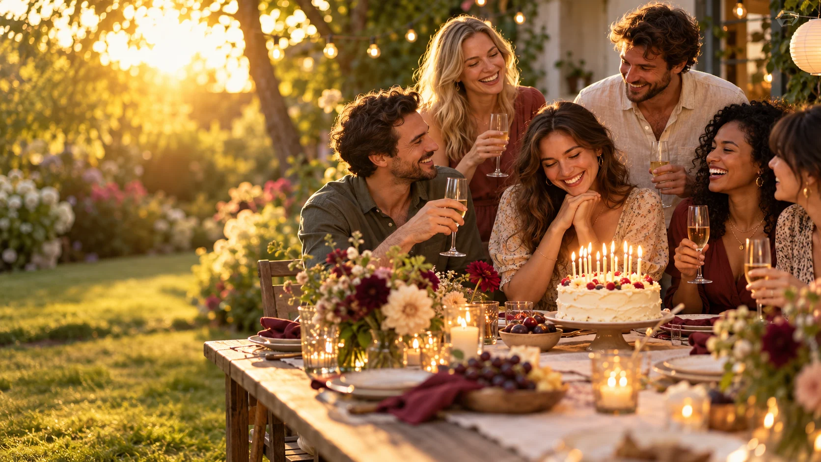 Freunde lachen gemeinsam am Geburtstagstisch mit Kuchen