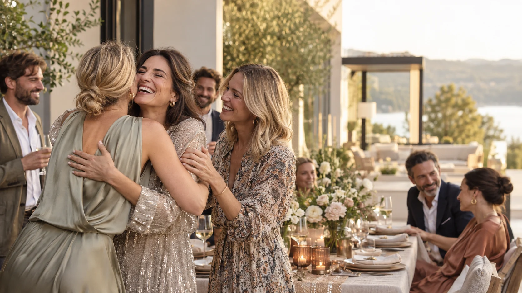 Freunde begrüßen sich lächelnd auf einer Eventterrasse
