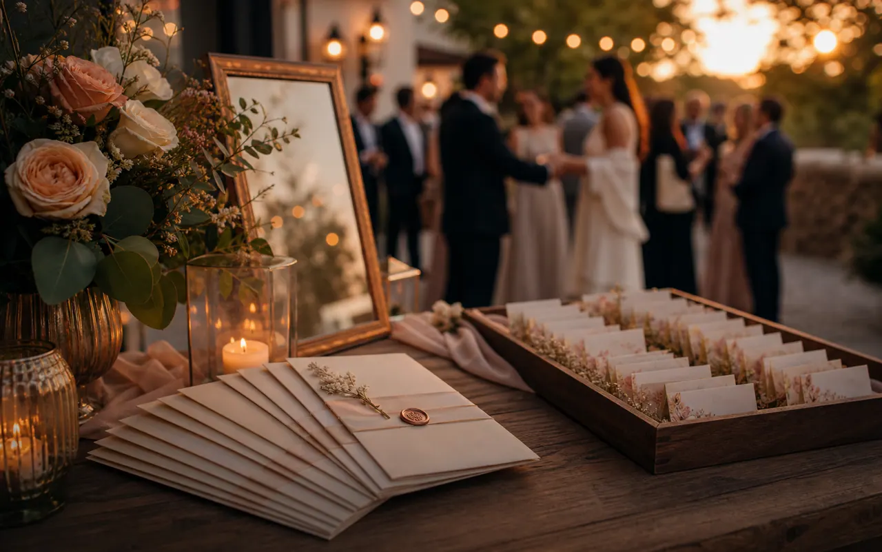 Hochzeitlicher Willkommenstisch mit Einladungen, Blumen und Ankunftsstimmung im warmen Abendlicht