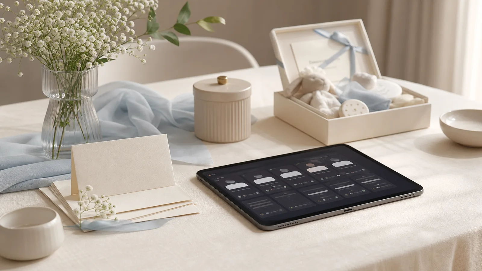 Ruhiger Planungstisch für eine Tauffeier mit Karten, Blumen und Tablet