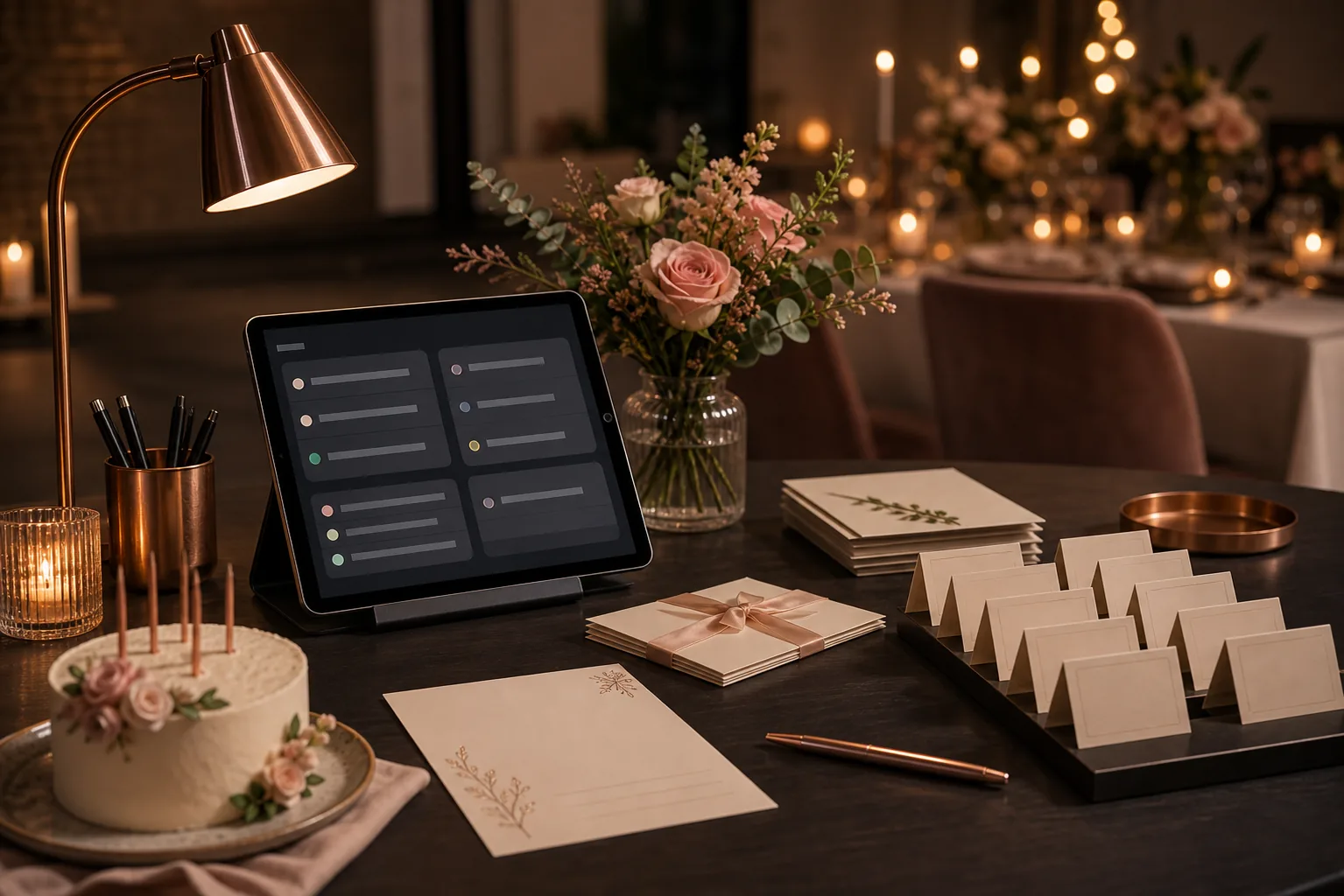 Aufgeräumter Geburtstagstisch mit RSVP-Tablet, Karten und warmer Feierbeleuchtung