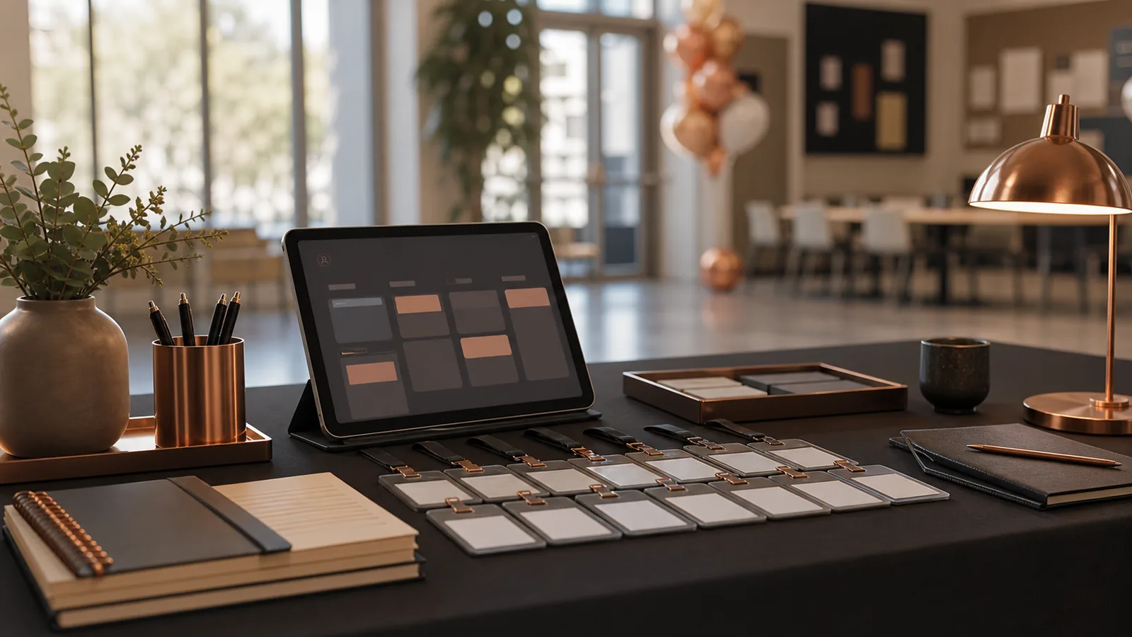Campus-Event-Anmeldetisch mit Badges, Tablet und klarer Planung