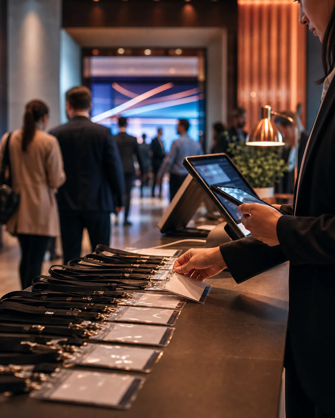Vorbereiteter Check-in-Tisch mit Scanner, Tablet und klarer Ankunftsstruktur