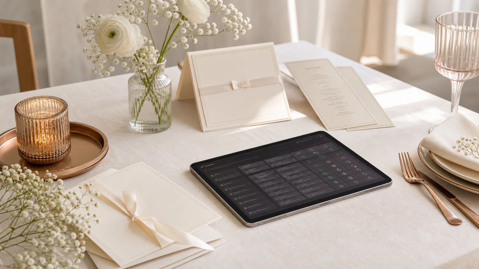 Ruhiger Planungstisch für Kommunion und Konfirmation mit Karten, Blumen und Tablet