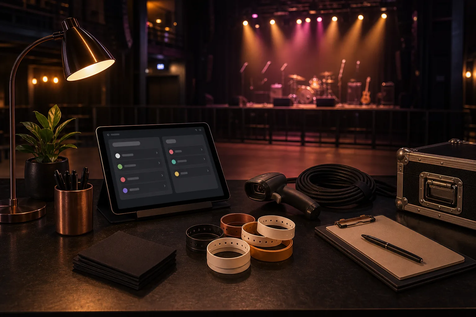 Ein Live-Format-Arbeitsplatz verbindet Bühne, Scanner und Gästefluss.