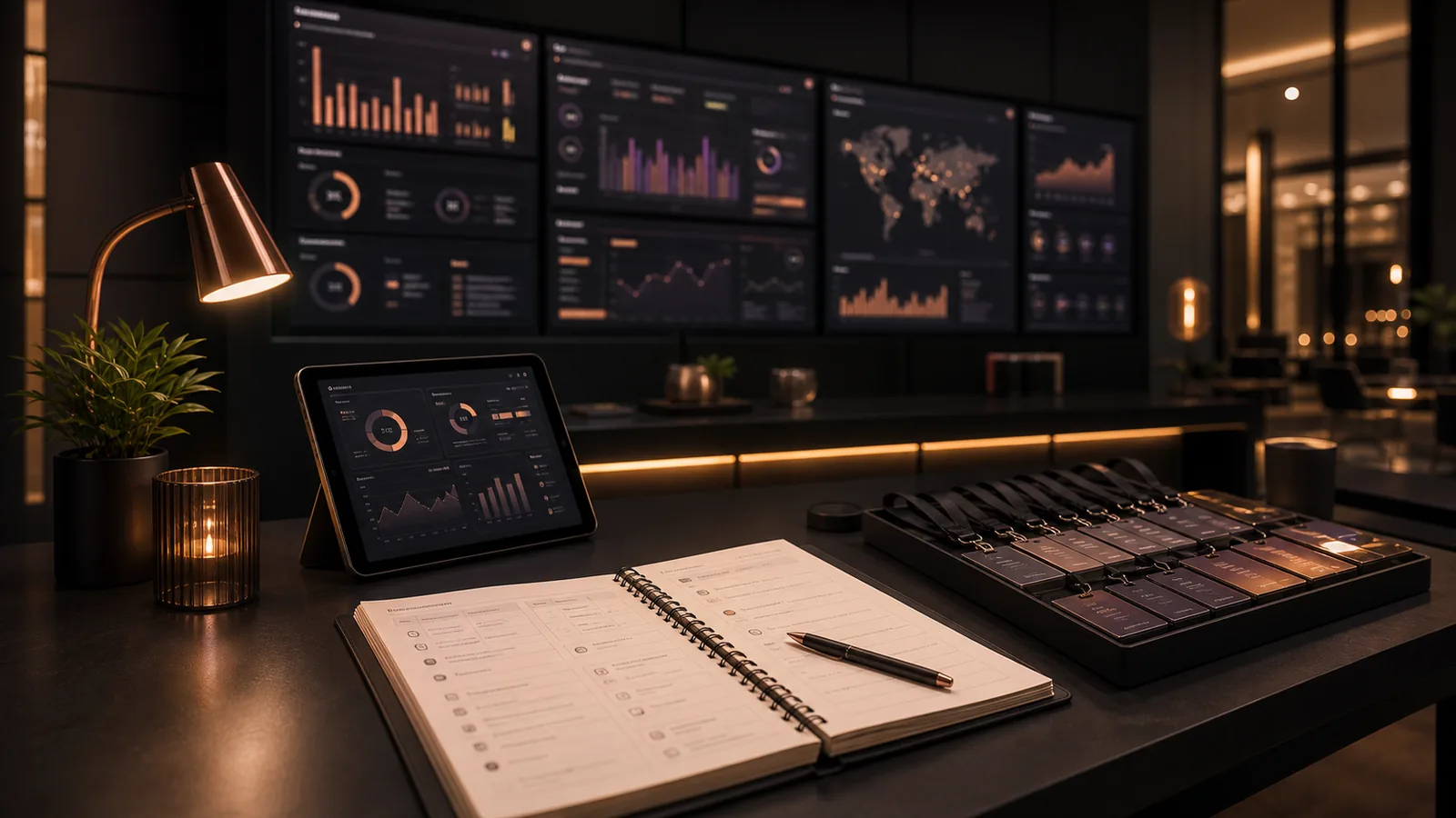 Ein klarer Enterprise-Operations-Arbeitsplatz zeigt Eventsignale, Wachstum und Teamsteuerung.