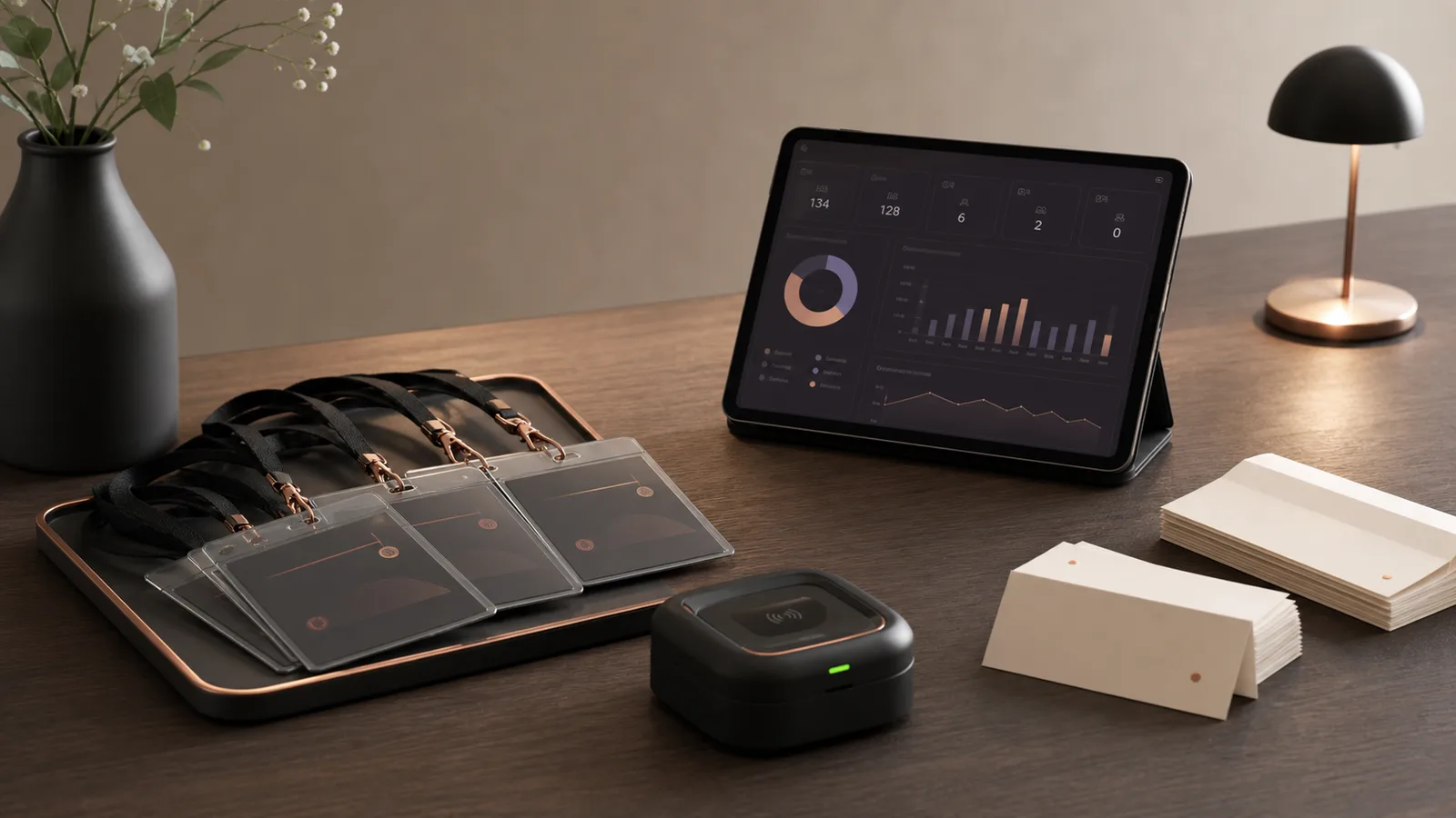 Professioneller Event-Operations-Desk mit Badges, Scanner und Dashboard