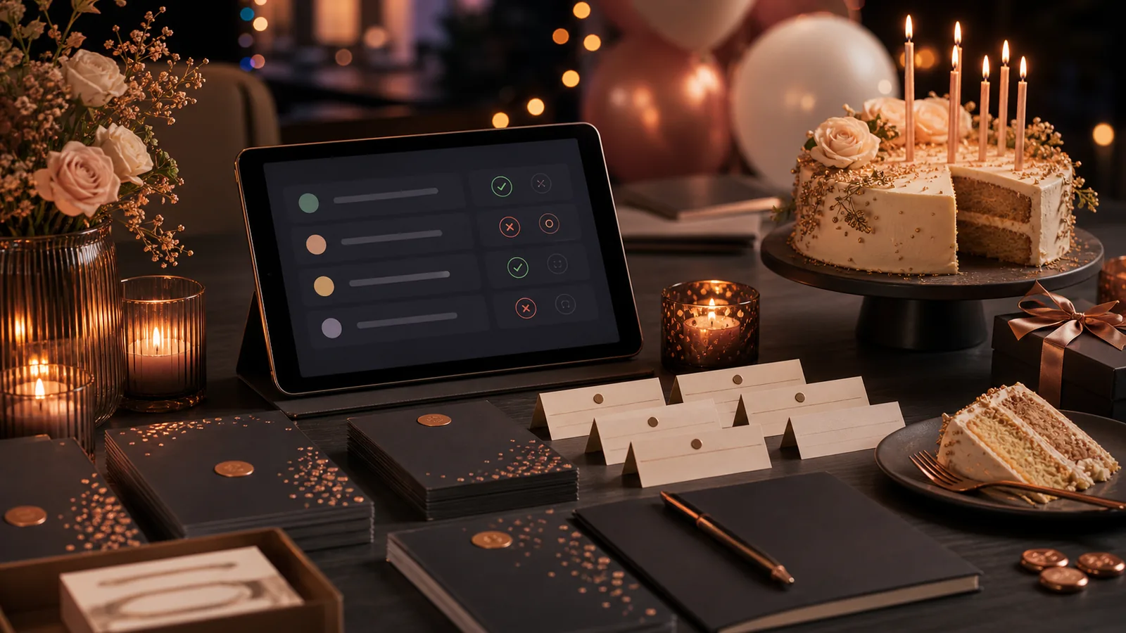 Aufgeräumte Geburtstag-RSVP-Station mit Kerzen, Gästekarten und Tablet