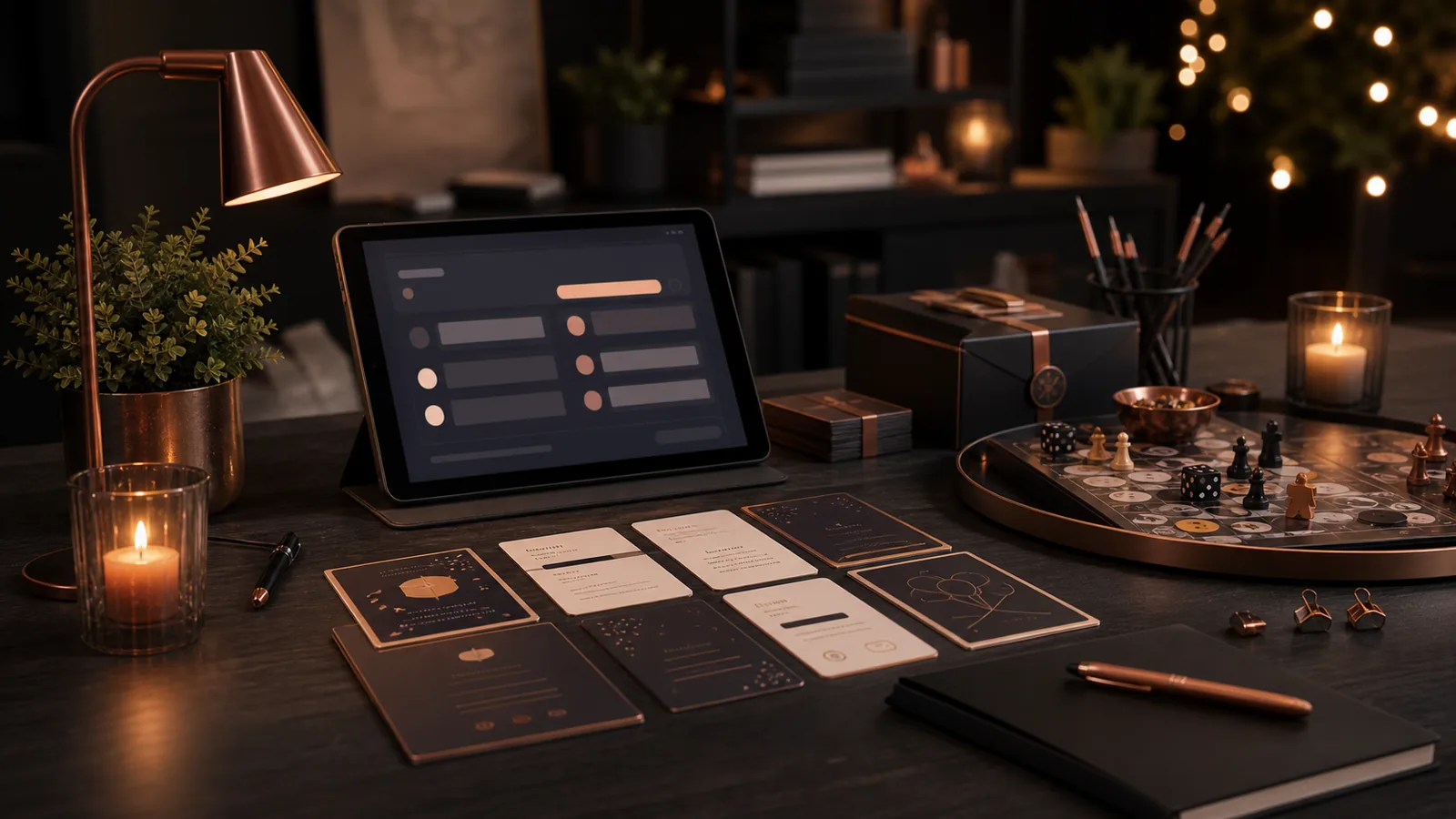 Aufgeräumter Spieleabend-Planungstisch mit Karten, Tablet und warmer Abendstimmung