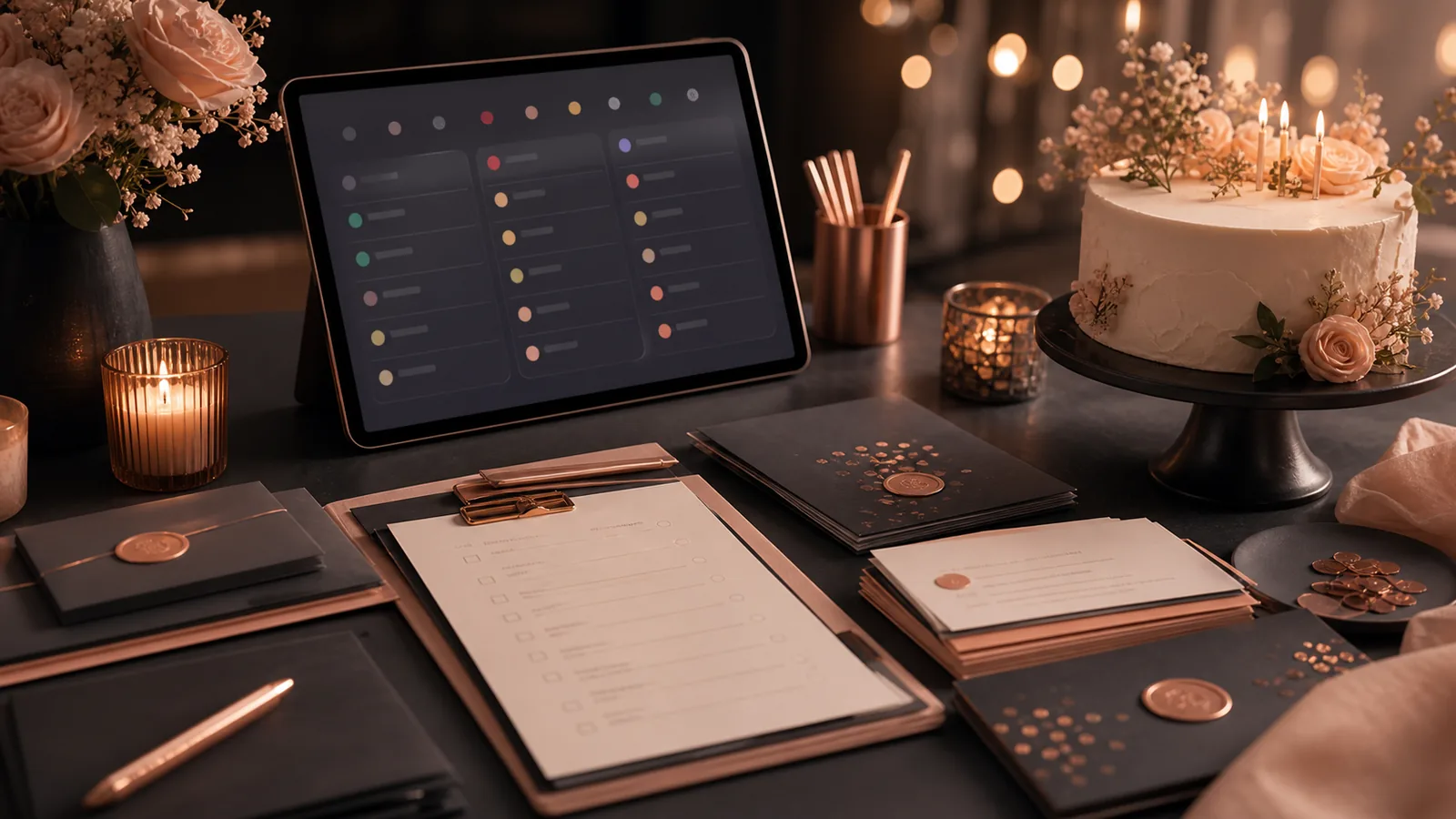 Geführter Geburtstagstisch mit Einladungen, Ablaufkarten und Tablet