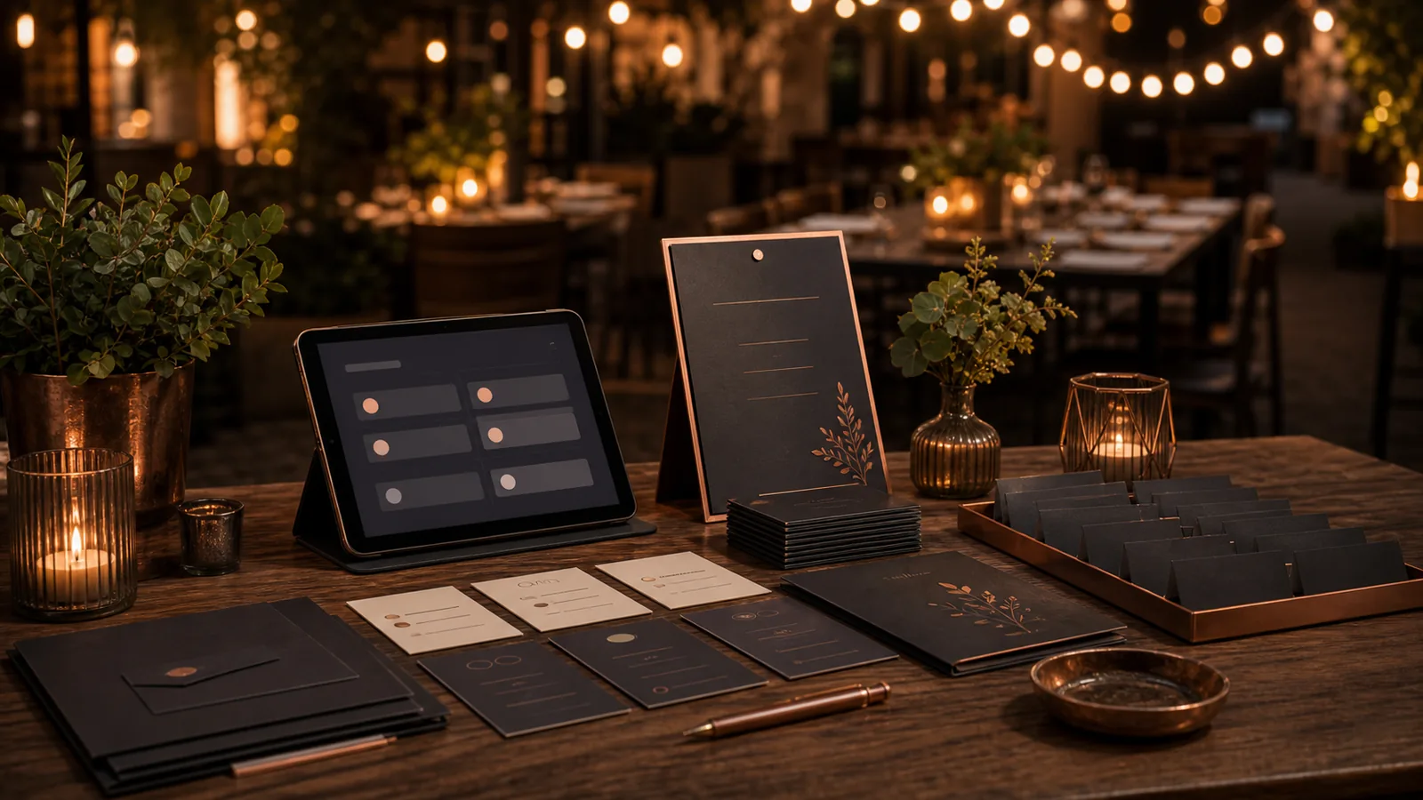 Vorbereiteter Stammtisch mit Gästekarten, Tablet und warmer Bistrostimmung