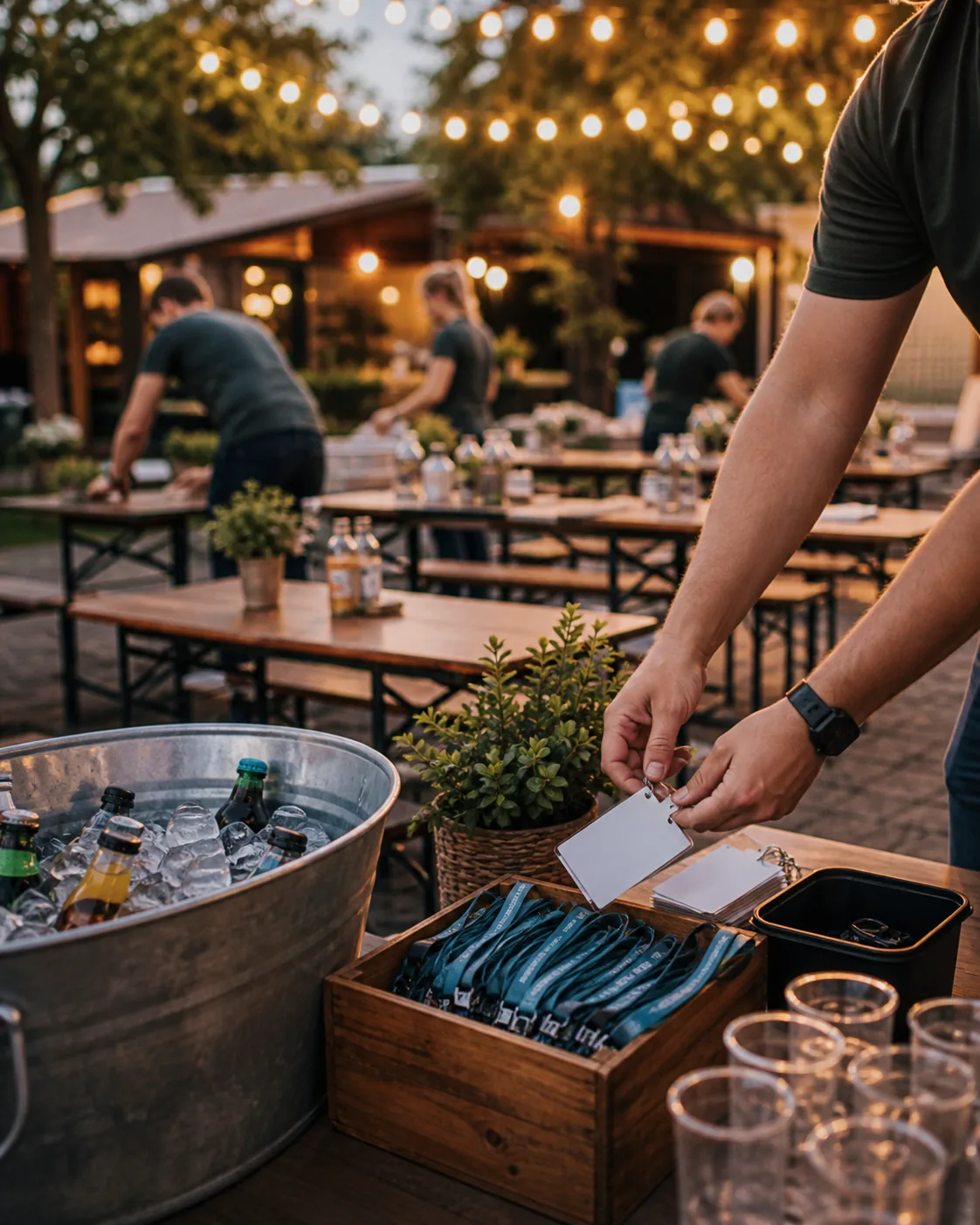Vorbereiteter Außenevent-Tisch mit Karten, Material und Planungsübersicht