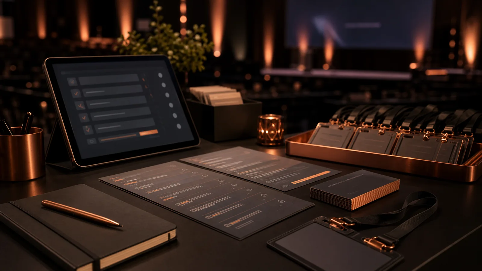 Vorbereiteter Präsentations-Runbook-Tisch mit Speaker-Badges und Tablet