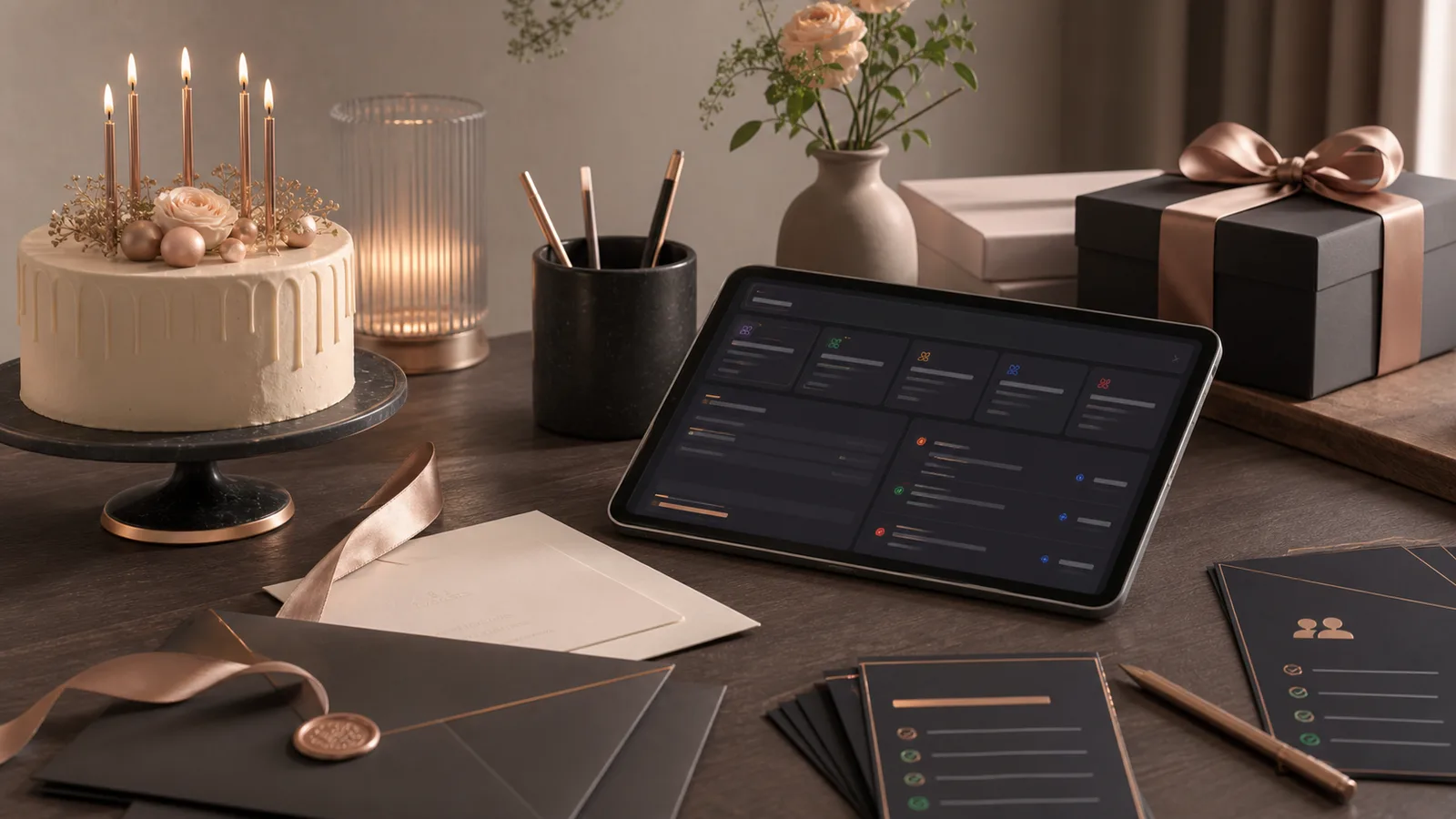 Aufgeräumter Planungstisch für private Feier mit Karten, Geschenkband und Tablet