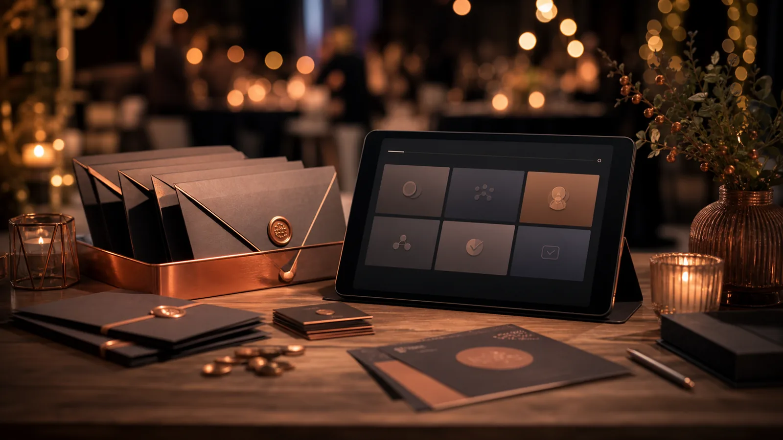 Vorbereiteter privater Einladungstisch mit Karten, Umschlägen und RSVP-Tablet