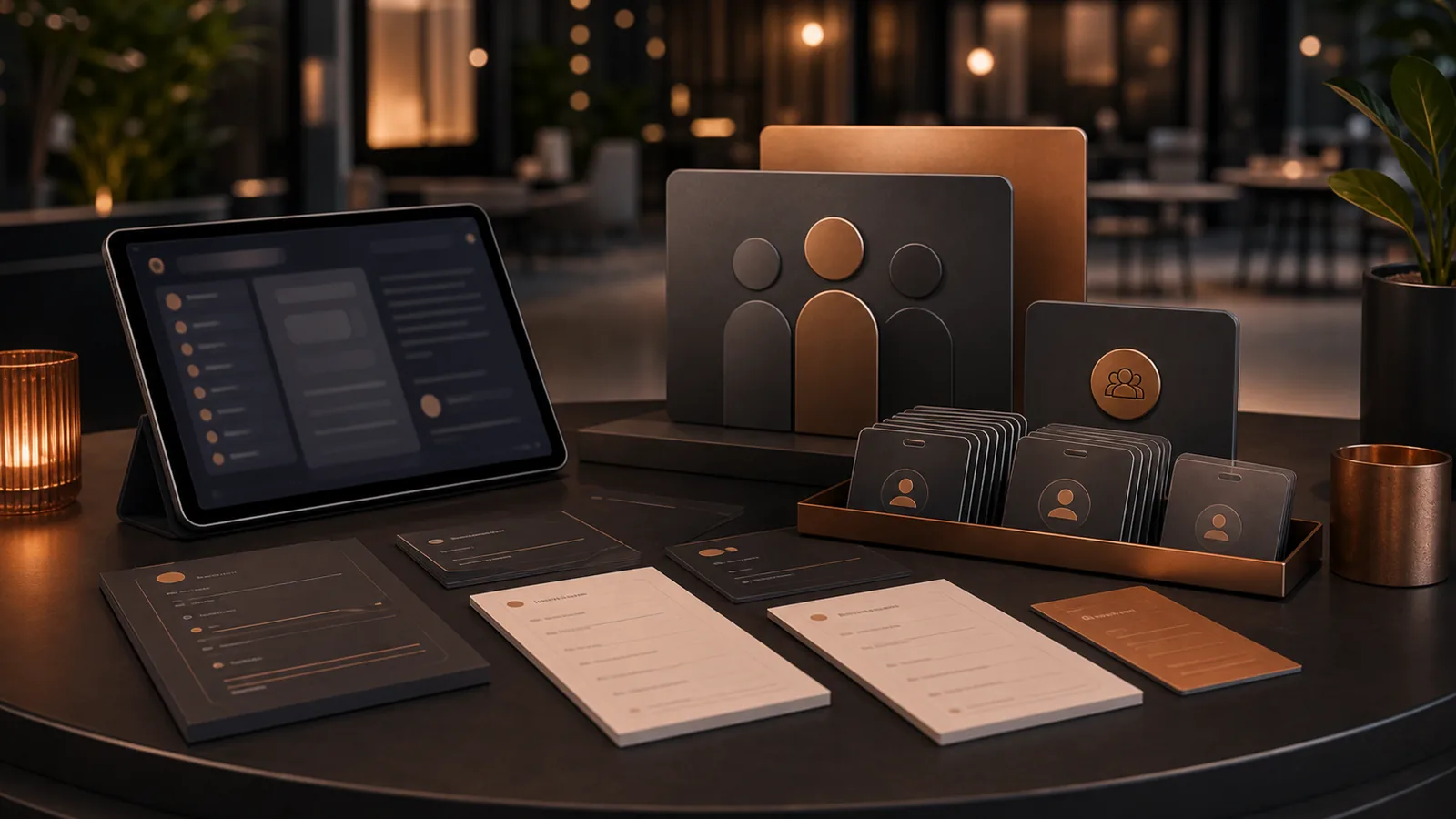 Produktlaunch-Demo-Station mit Tablet, Badge-Karten und Ablaufmaterialien