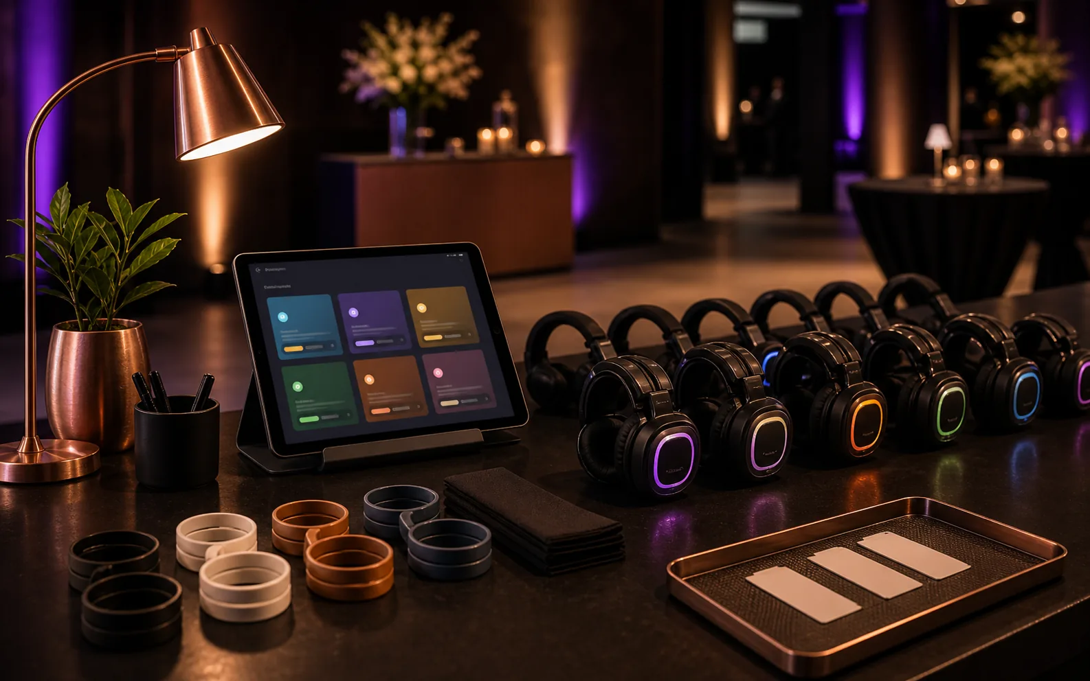 Kopfhörer, Kanäle und Kontrolltablet liegen für ein Silent-Disco-Format bereit.