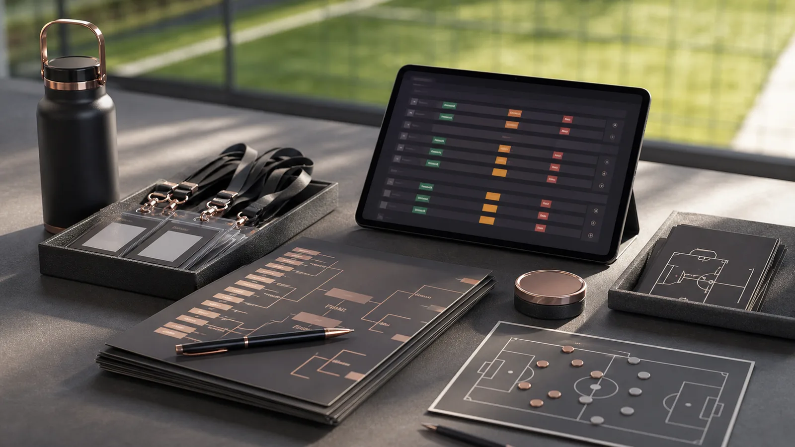 Turnier-Operations-Tisch mit Spielplan, Teamstatus und Check-in-Tablet