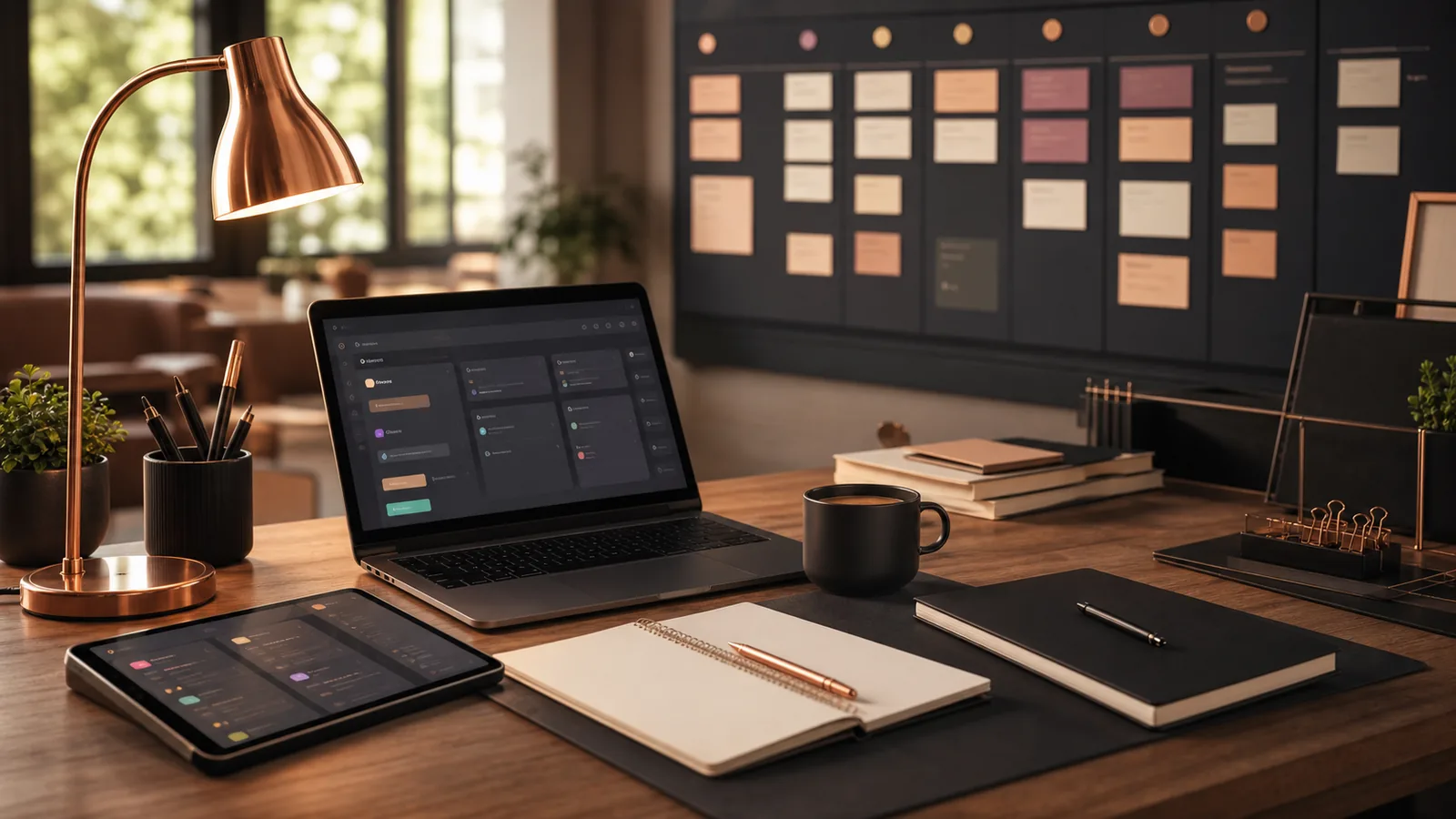 Aufgeräumter Startup-Workspace mit Laptop, Board und Eventplanungsunterlagen