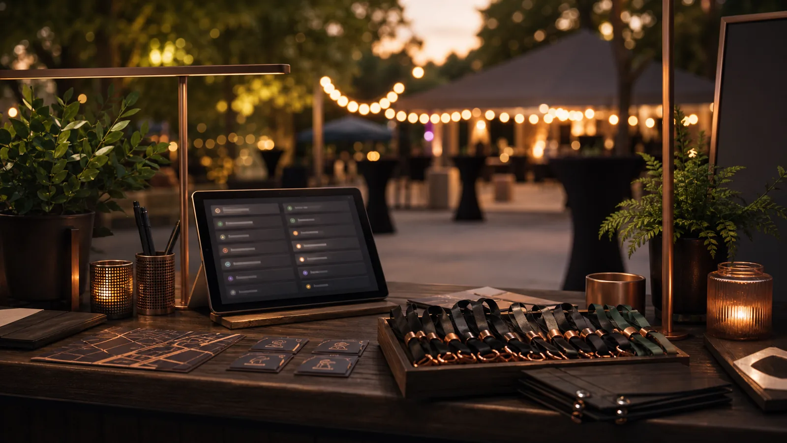 Vorbereiteter Sommerfest-Helfertisch mit Bändchen, Karten und Check-in-Tablet
